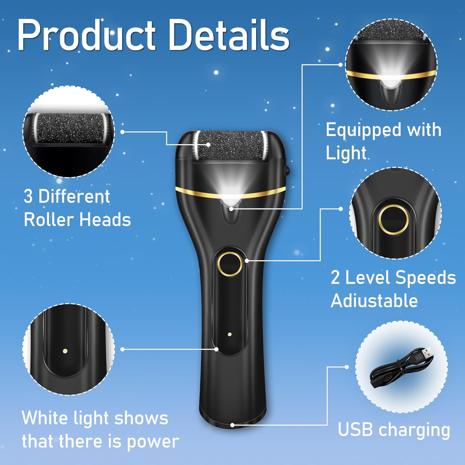 LUVISTI Electric Callus Remover for Feet – Waterproof Rechargeable Foot File with 3 Rollers, 2 Speed Settings, LED Light & 17-in-1 Professional Pedicure Kit for Dead, Hard & Cracked Skin - Image 2