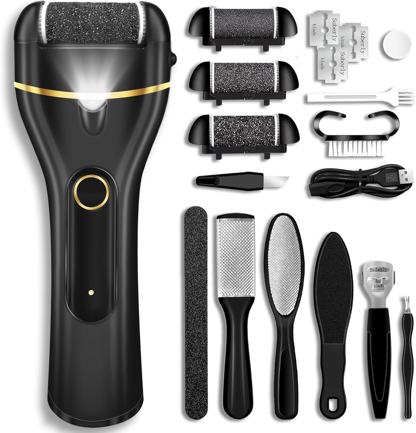 LUVISTI electric callus remover for feet waterproof rechargeable foot file with 3 rollers and LED light for removing dead hard cracked skin
